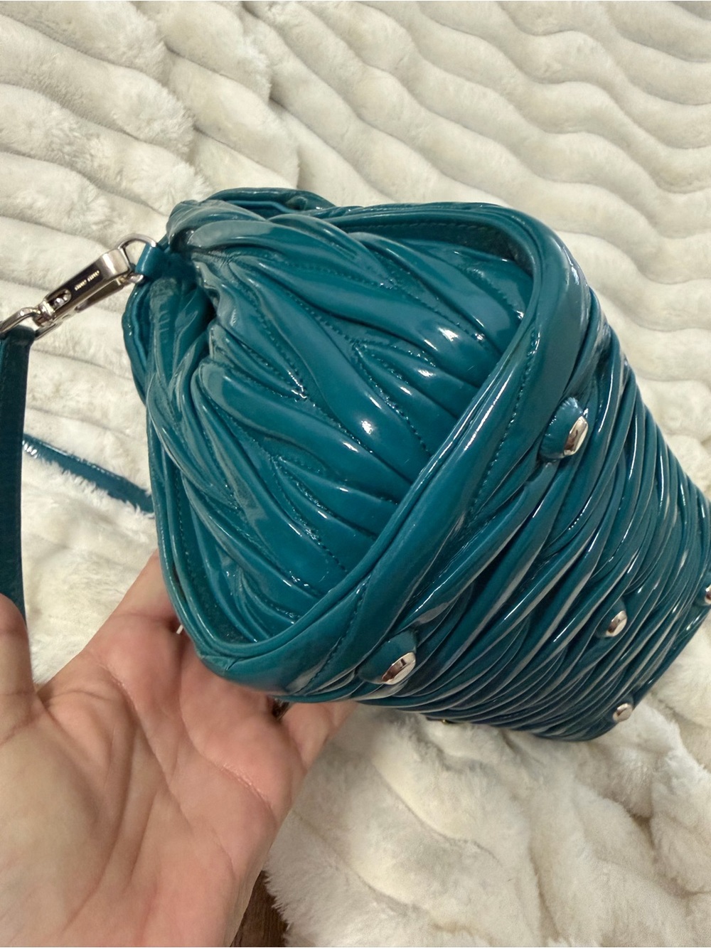 Miu Miu Teal Matelassé Patent Leather Top-Handle Bag - Picture 15 of 16